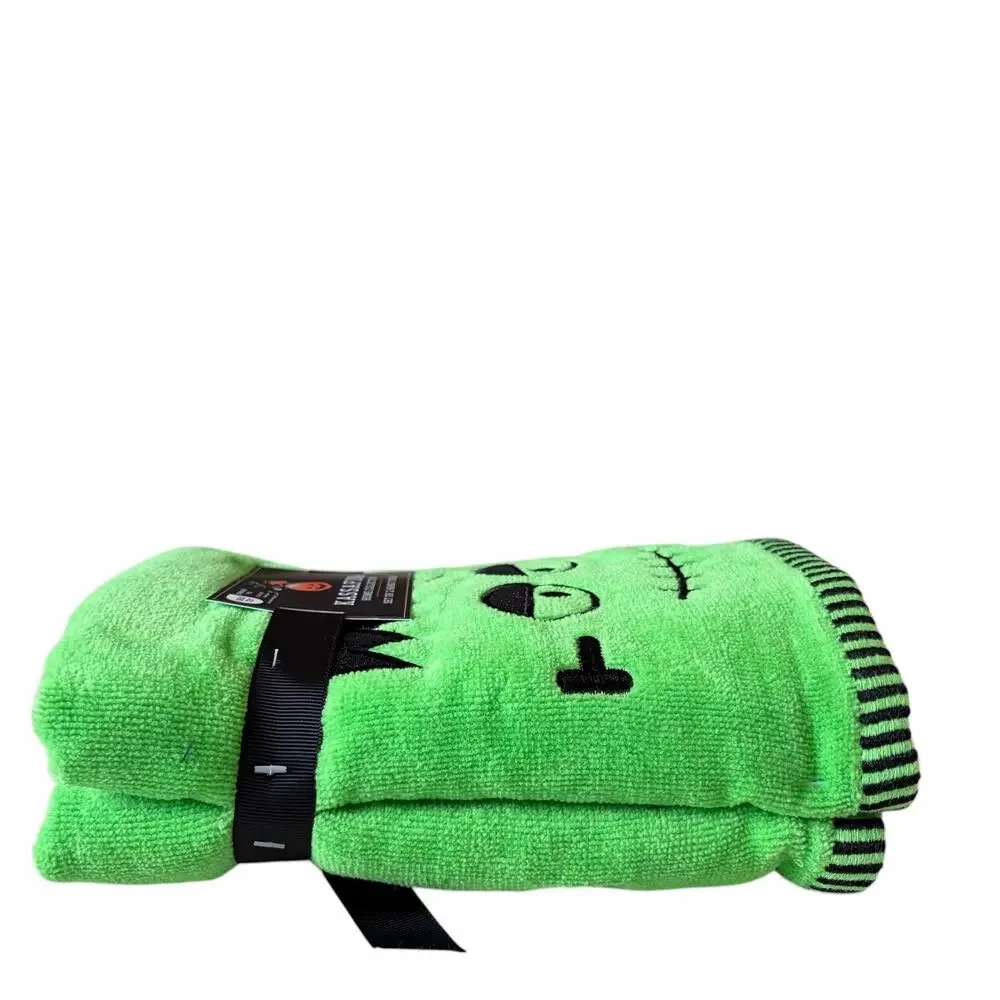 KASSAFINA Halloween Frankenstein Hand Towels 2pc Green Black Embroidered NEW